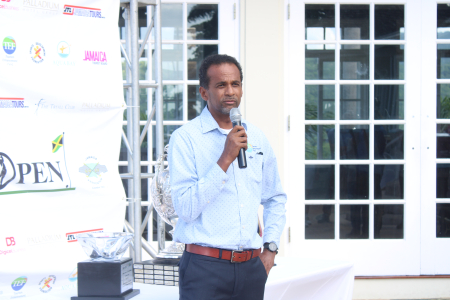 Dr. Carey Wallace, CEO- Tourism Enhancement Funds, address persons in attendance at Jamaica Open Media Briefing at Tryall Golf Club