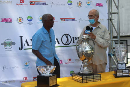 2023 Honoree David Mais (Right) speaks to invited guest and George Hutchinson (former JGA President) at recent Jamaica Open Media Briefing