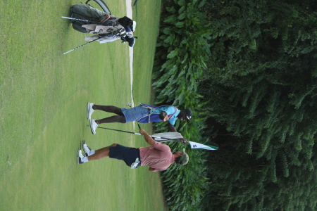 Big smiles from Andrew Arft and Caddie Jason Richards after his Birdie Putt on the 18th to finish even  on Day 2 at Tryall
