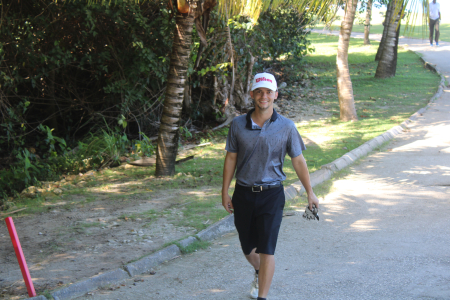 Bursick Franklin all smiles after a par on hole 3 on Day 1 of the Jamaica Open